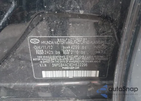 2013 Hyundai Sonata Gls из США, поврежденный, VIN 5NPEB4AC9DH622296